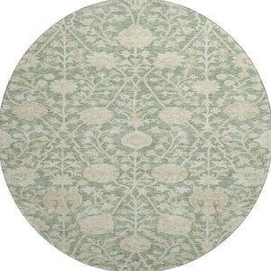 HomeRoots 8' Artichoke Green & Beige Floral Washable Round Rug - UV Protected, Durable, Easy-Care Design 683995