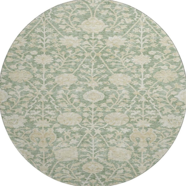 HomeRoots 8' Artichoke Green & Beige Floral Washable Round Rug - UV Protected, Durable, Easy-Care Design 683995