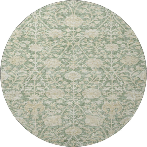HomeRoots 8' Artichoke Green & Beige Floral Washable Round Rug - UV Protected, Durable, Easy-Care Design 683995
