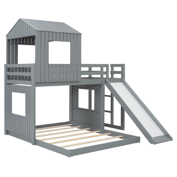 English Elm Wooden Twin Over Full Bunk Bed Farmhouse Playhouse Slide Pinewood Kids Loft Gray LT000328AAN