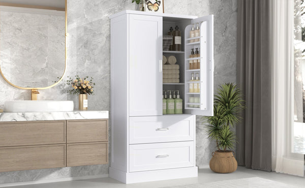 English Elm Tall Bathroom Storage Cabinet with Adjustable Shelves, Two Doors & Drawers, Space-Saving 66" Tall White N725P178675K