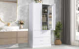 English Elm Tall Bathroom Storage Cabinet, Cabinet With Two Doors and Drawers, Adjustable Shelf, Mdf Board, White