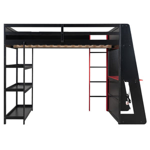 English Elm Full Size Gaming Loft Bed with Led Lighting Desk Shelves and Usb Charging Ports Black+Red N820S00076J