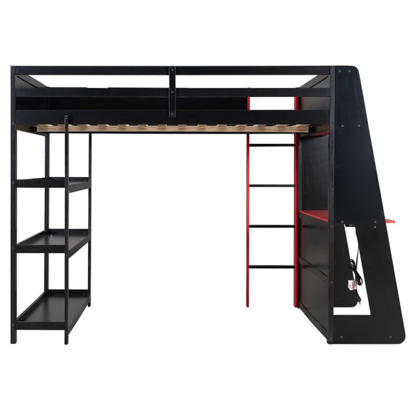 English Elm Full Size Gaming Loft Bed with Led Lighting Desk Shelves and Usb Charging Ports Black+Red N820S00076J