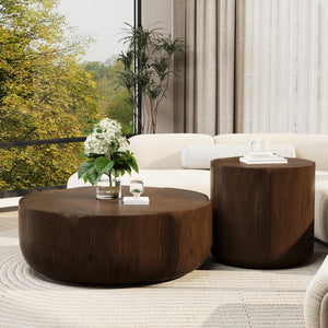 English Elm Round Mgo Drum Coffee Table Set Weatherproof Wood Grain Finish for Patio or Living Room Brown W757S00051