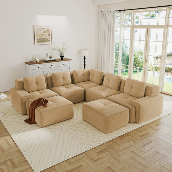 English Elm Modular Corduroy Sectional Sofa V Shaped 5 Seat Living Room Couch with Ottoman Camel W714S01589