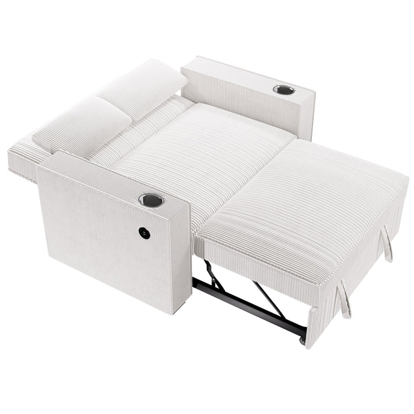English Elm Beige Convertible Corduroy 2-Seat Sleeper Sofa with Cup Holders, USB Ports & Throw Pillows — Cozy B011S01585