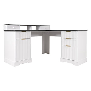 English Elm 59" Fluted Oak L-shaped Corner Desk with Charging Station Monitor Stand and File Storage White W2917S00004