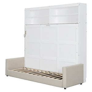 English Elm Queen Murphy Wall Bed with Integrated Sofa Linen Upholstered for Studio Apartments White LP000892AAK-1