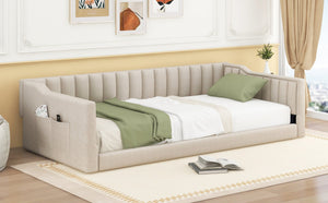 English Elm Twin XL Upholstery Daybed with Vertical Channel Tufting, Velvet Fabric, Slat Support & Side Storage Pocket for Guests Beige DL002210AAA