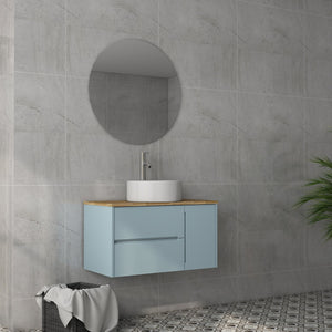 English Elm 36-Inch Modern Minimalist Wall-Mounted Bathroom Vanity With Blue Cabinet & Natural Wood Top Design W3151S00008