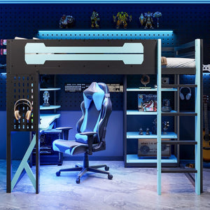 English Elm Full Size Loft Bed with Rgb Lighting Chevron Desk Usb Charging Ports and Storage Shelves Black+Blue LT000286AAC