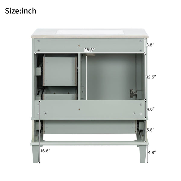 English Elm 30" Modern Bathroom Vanity with Solid Wood Frame, 3 Soft-Close Drawers and Ceramic Sink, Sleek Design Sage Green N729P170557G