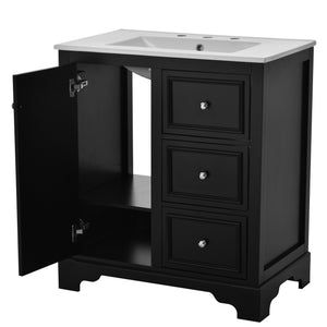 English Elm 30-inch bathroom vanity mirror cabinet set with ceramic sink, solid wood build, 3 drawers & shelves Black SV000028AAB