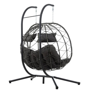 English Elm 2 Person Wicker Hanging Egg Chair with Freestanding Stand Outdoor Patio Swing Seat Gray W1703P444363