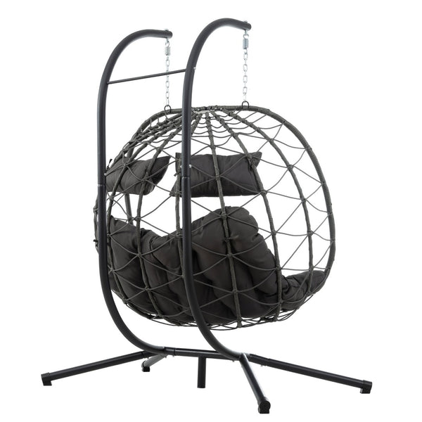 English Elm 2 Person Wicker Hanging Egg Chair with Freestanding Stand Outdoor Patio Swing Seat Gray W1703P444363
