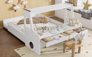 English Elm Full Size Car Shaped Kids Platform Bed with Storage Drawers Integrated Desk Pine Wood Light White W1580S00490