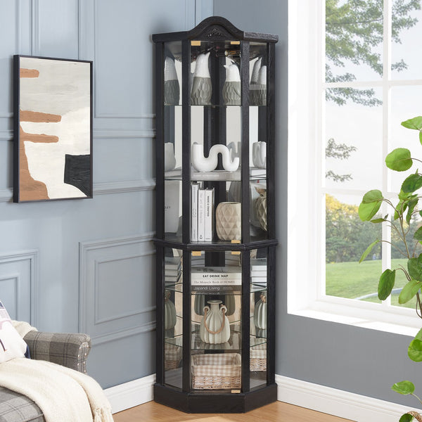English Elm Lighted Corner Curio Cabinet With Adjustable Shelves, Elegant Black Design, Perfect For Home Display W1758P300126