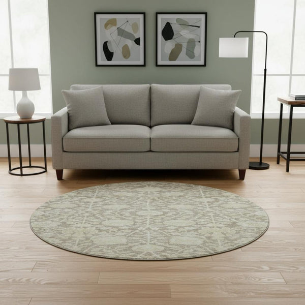 HomeRoots 8' Coffee and Beige Floral Round Rug - Washable, UV-Protected, Durable for High-Traffic Areas 684001