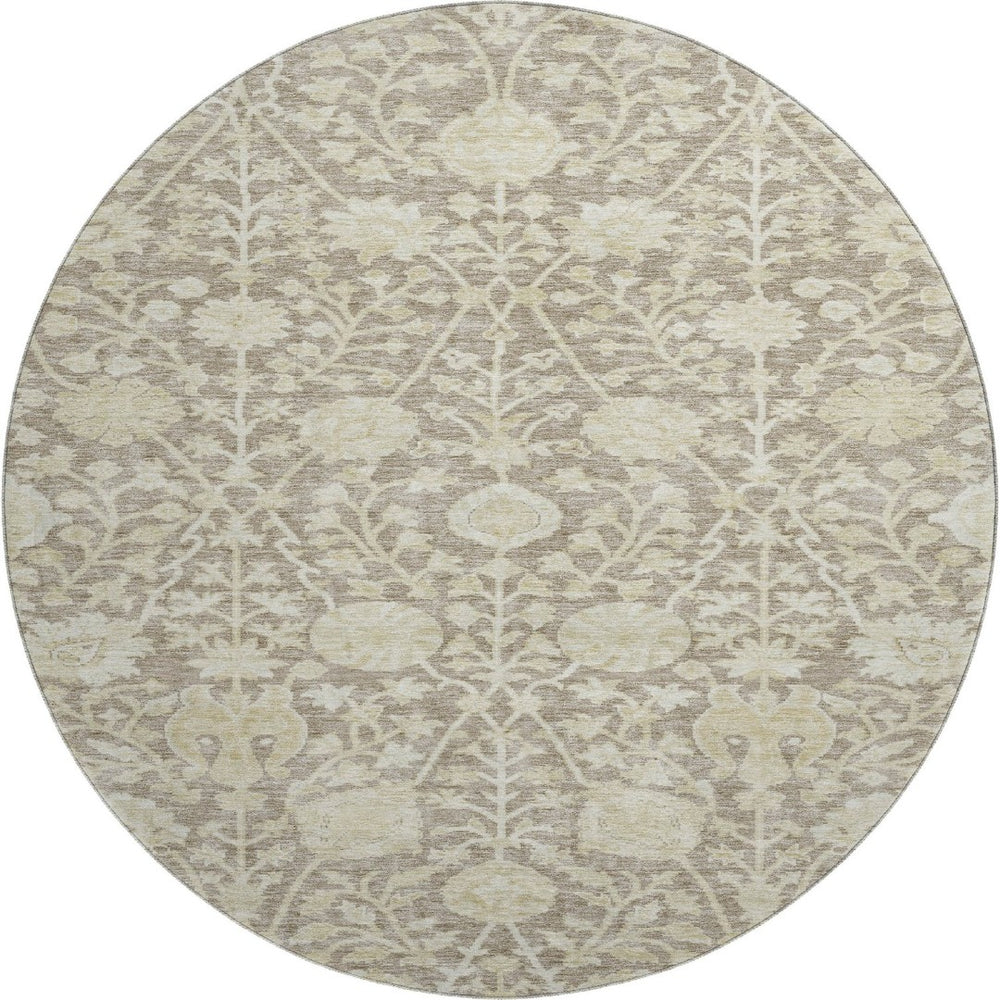 HomeRoots 8' Coffee and Beige Floral Round Rug - Washable, UV-Protected, Durable for High-Traffic Areas 684001