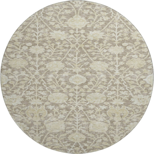 HomeRoots 8' Coffee and Beige Floral Round Rug - Washable, UV-Protected, Durable for High-Traffic Areas 684001