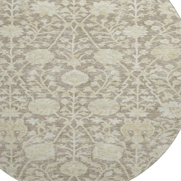 HomeRoots 8' Coffee and Beige Floral Round Rug - Washable, UV-Protected, Durable for High-Traffic Areas 684001