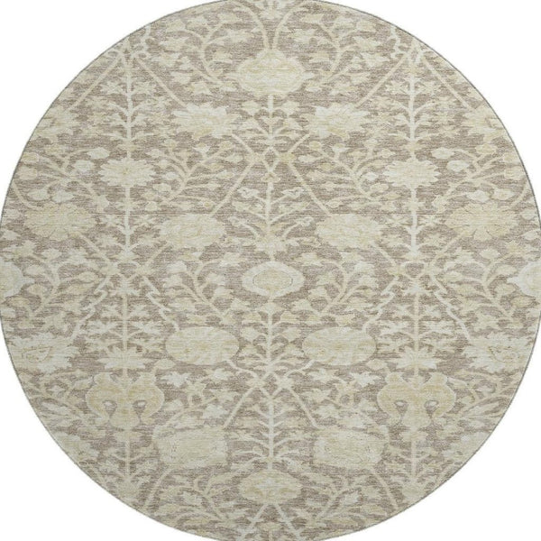 HomeRoots 8' Coffee and Beige Floral Round Rug - Washable, UV-Protected, Durable for High-Traffic Areas 684001