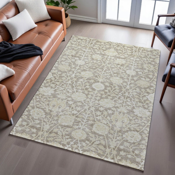 HomeRoots 9' X 12' Coffee and Beige Floral Area Rug - Soft, Stain-Resistant with UV Protection for Homes 684003