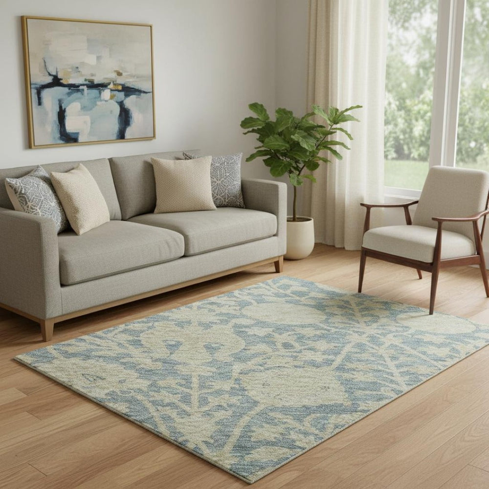 HomeRoots 5' X 8' Sky Blue Floral Washable Area Rug with UV Protection - Durable, Stain-Resistant & Stylish! 684006