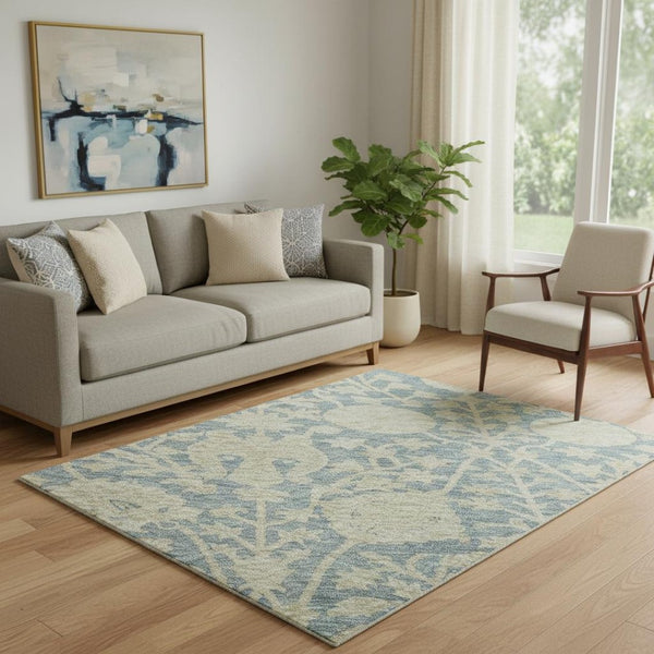 HomeRoots 5' X 8' Sky Blue Floral Washable Area Rug with UV Protection - Durable, Stain-Resistant & Stylish! 684006