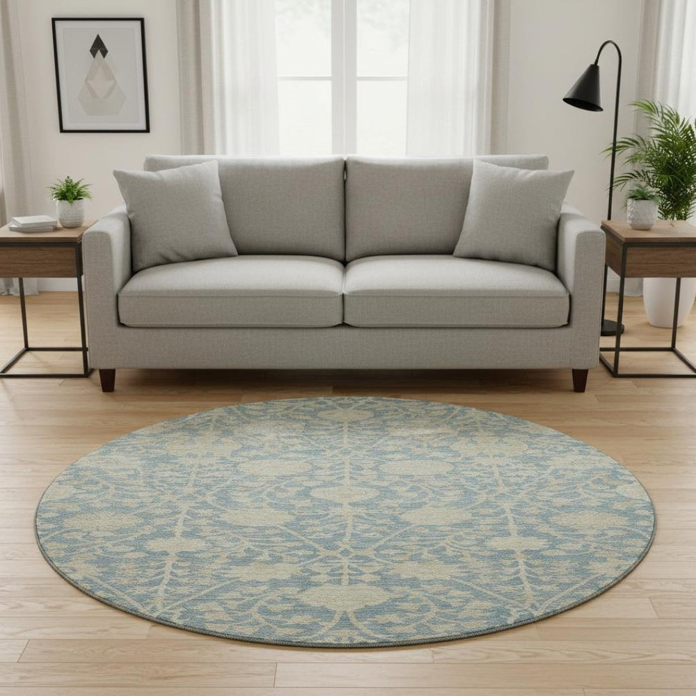 HomeRoots 8' Sky Blue Floral Round Rug - Washable, UV-Protected, Stain-Resistant for Easy Care & Style 684007