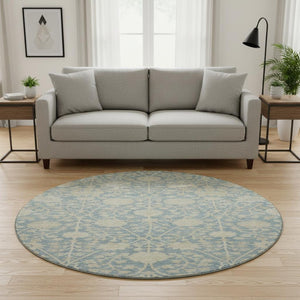 HomeRoots 8' Sky Blue Floral Round Rug - Washable, UV-Protected, Stain-Resistant for Easy Care & Style 684007