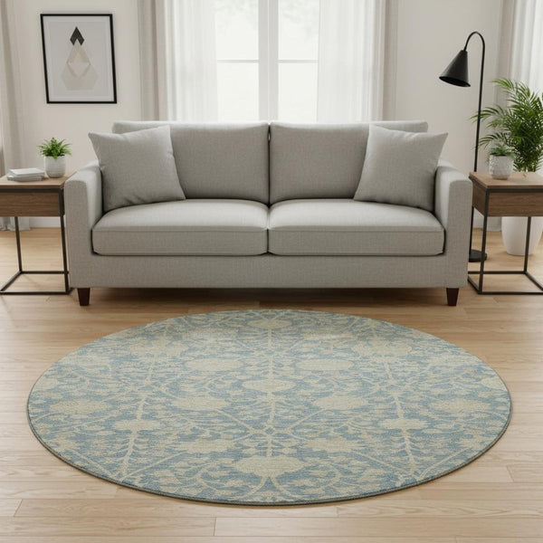 HomeRoots 8' Sky Blue Floral Round Rug - Washable, UV-Protected, Stain-Resistant for Easy Care & Style 684007