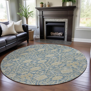 HomeRoots 8' Sky Blue Floral Round Rug - Washable, UV-Protected, Stain-Resistant for Easy Care & Style 684007