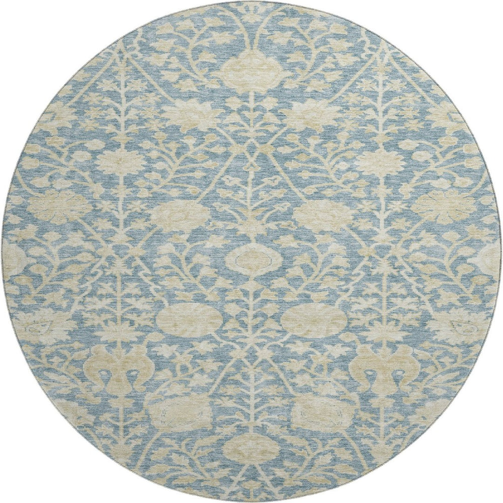 HomeRoots 8' Sky Blue Floral Round Rug - Washable, UV-Protected, Stain-Resistant for Easy Care & Style 684007