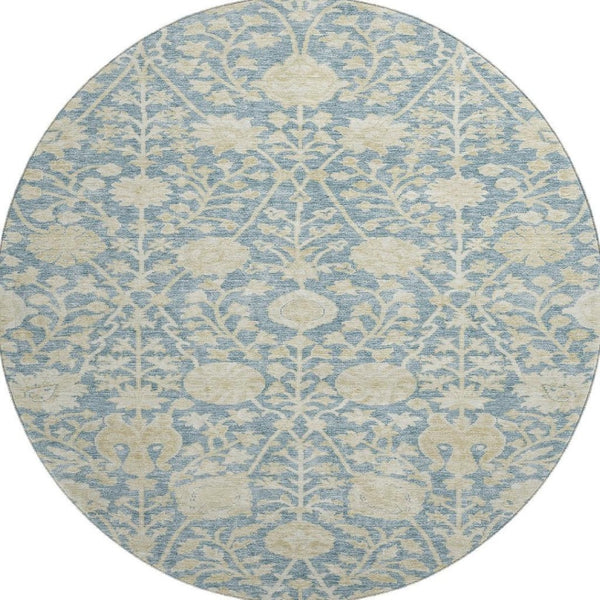 HomeRoots 8' Sky Blue Floral Round Rug - Washable, UV-Protected, Stain-Resistant for Easy Care & Style 684007