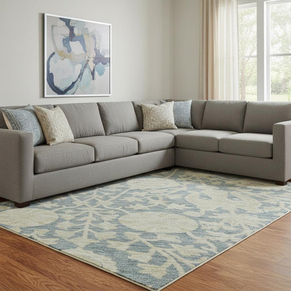 HomeRoots 10' Sky Blue and Ivory Floral Area Rug - Washable, UV Protected, Stain Resistant for Family Spaces 684010