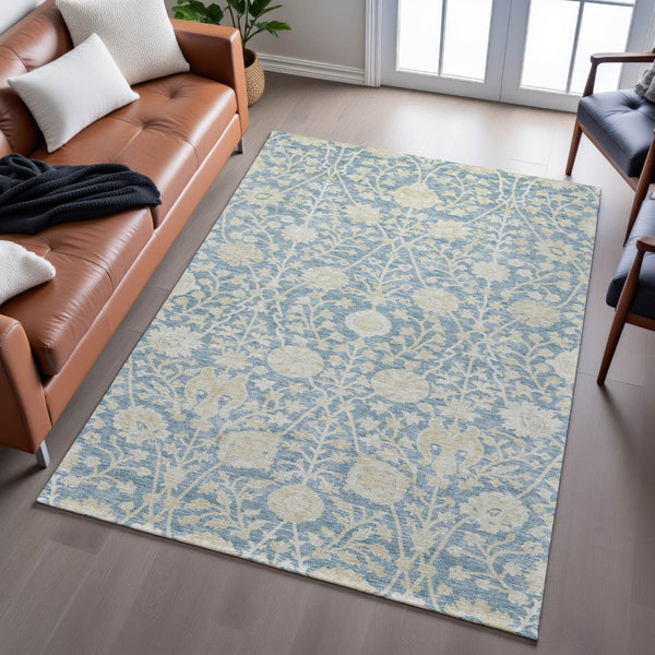 HomeRoots 10' Sky Blue and Ivory Floral Area Rug - Washable, UV Protected, Stain Resistant for Family Spaces 684010