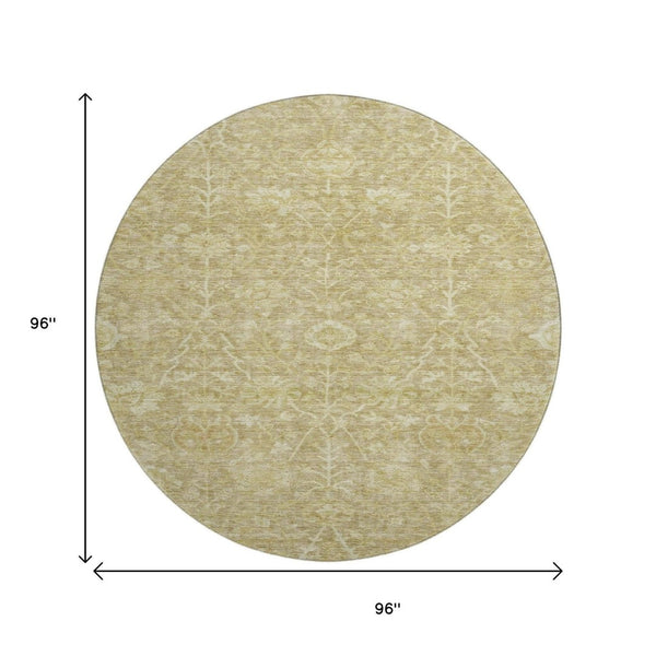 HomeRoots 8' Floral Washable Round Rug in Tan and Beige – Durable, UV Protected, Ideal for Family Homes 684013