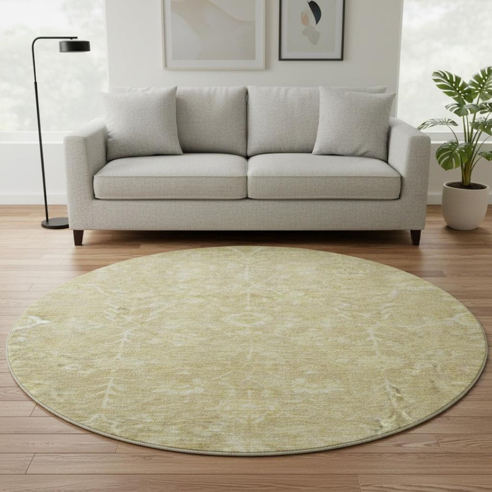 HomeRoots 8' Floral Washable Round Rug in Tan and Beige – Durable, UV Protected, Ideal for Family Homes 684013