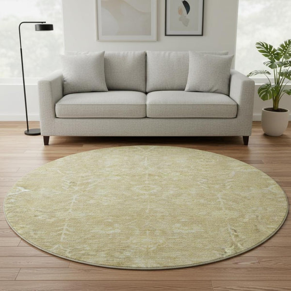 HomeRoots 8' Floral Washable Round Rug in Tan and Beige – Durable, UV Protected, Ideal for Family Homes 684013