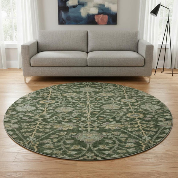 HomeRoots 8' Green And Beige Floral Round Rug - Washable, UV Protected, Soft Polyester for High-Traffic Areas 684019