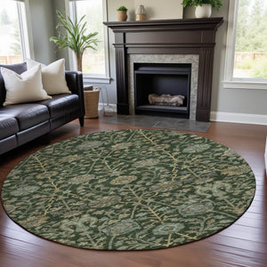 HomeRoots 8' Green And Beige Floral Round Rug - Washable, UV Protected, Soft Polyester for High-Traffic Areas 684019