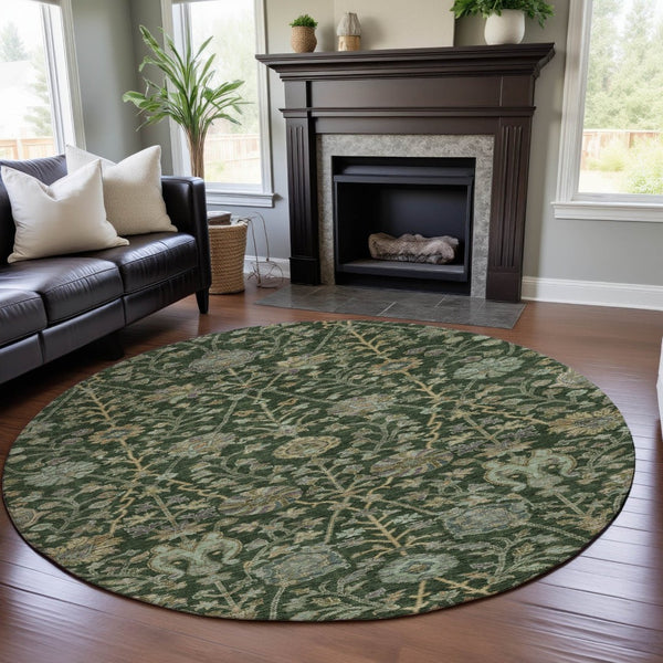 HomeRoots 8' Green And Beige Floral Round Rug - Washable, UV Protected, Soft Polyester for High-Traffic Areas 684019
