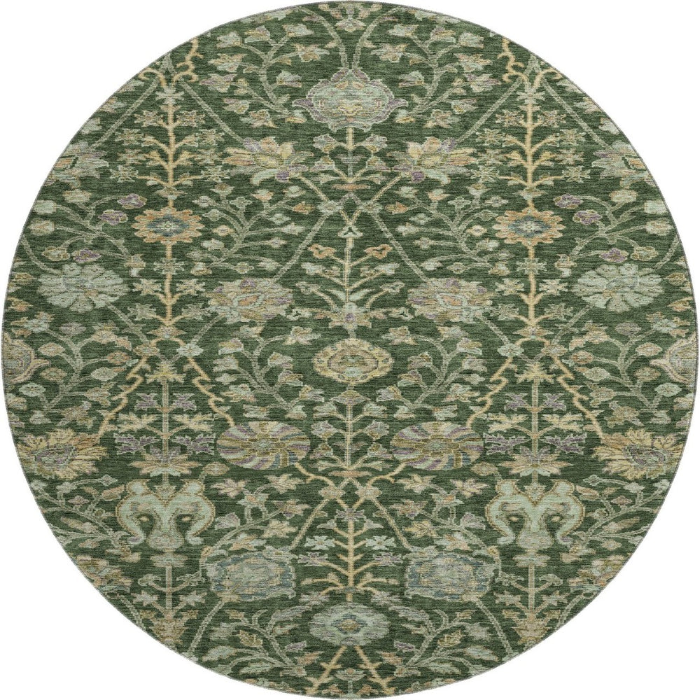 HomeRoots 8' Green And Beige Floral Round Rug - Washable, UV Protected, Soft Polyester for High-Traffic Areas 684019