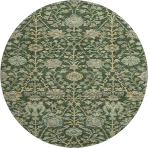 HomeRoots 8' Green And Beige Floral Round Rug - Washable, UV Protected, Soft Polyester for High-Traffic Areas 684019