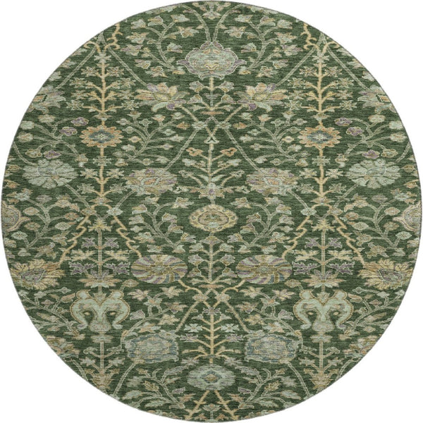 HomeRoots 8' Green And Beige Floral Round Rug - Washable, UV Protected, Soft Polyester for High-Traffic Areas 684019