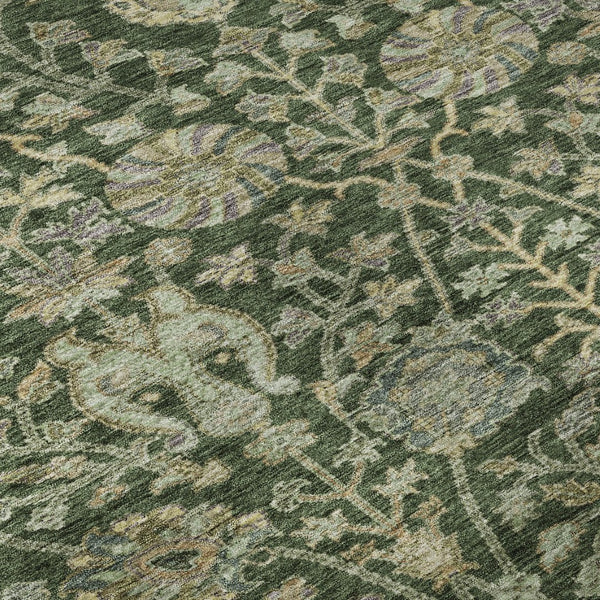 HomeRoots 8' Green And Beige Floral Round Rug - Washable, UV Protected, Soft Polyester for High-Traffic Areas 684019