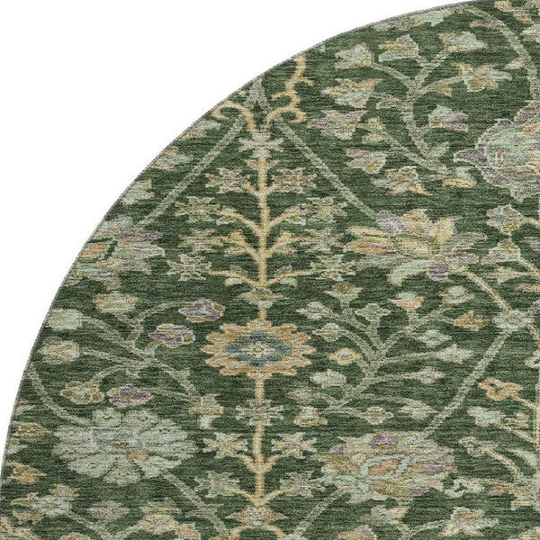 HomeRoots 8' Green And Beige Floral Round Rug - Washable, UV Protected, Soft Polyester for High-Traffic Areas 684019