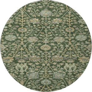 HomeRoots 8' Green And Beige Floral Round Rug - Washable, UV Protected, Soft Polyester for High-Traffic Areas 684019